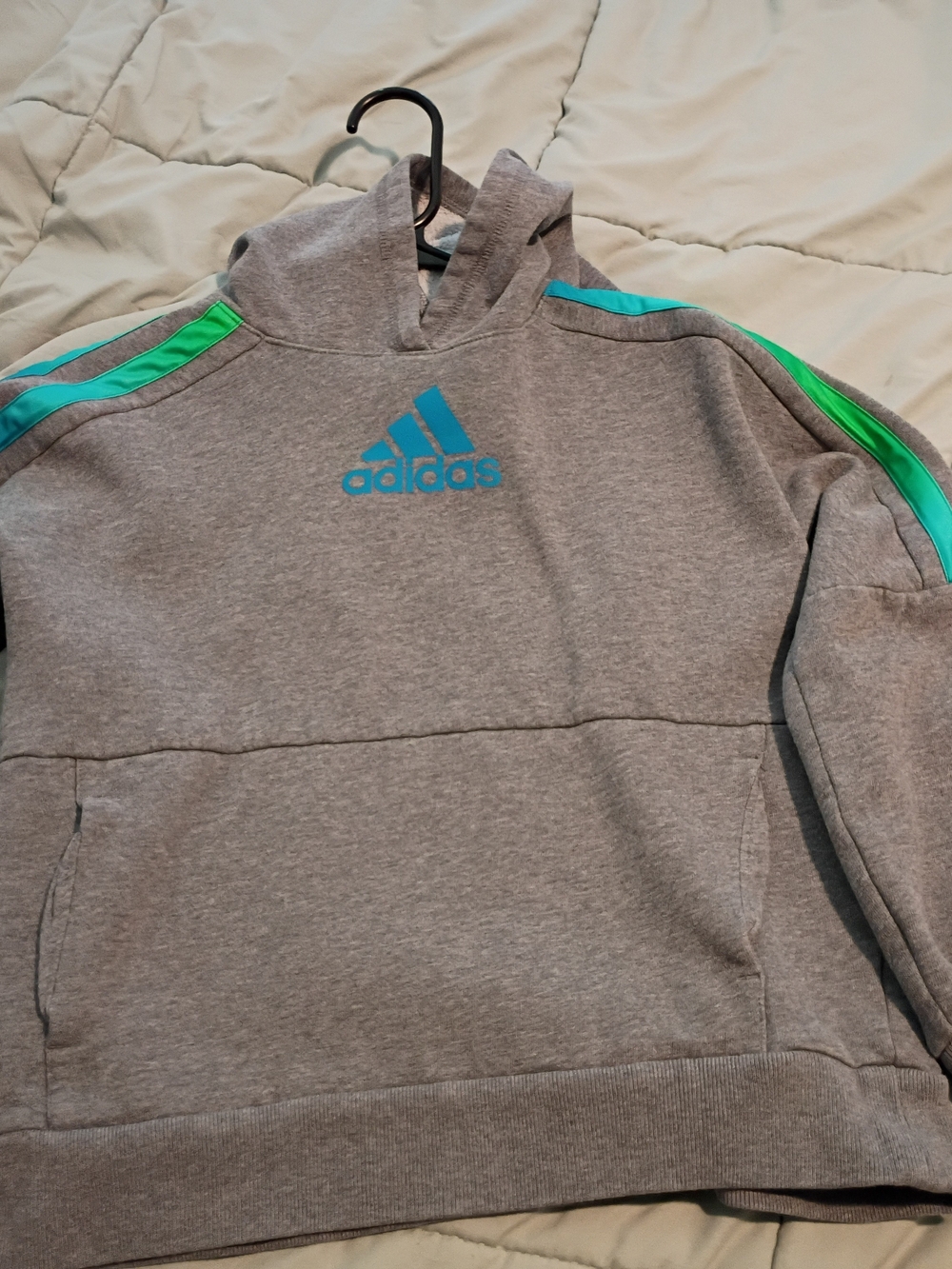 Adidas Kids Gray Hoodie with Teal & Green Accent